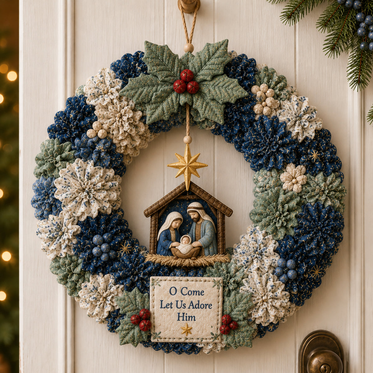 O Come Let Us Adore Him Nativity fabric Christmas wreath