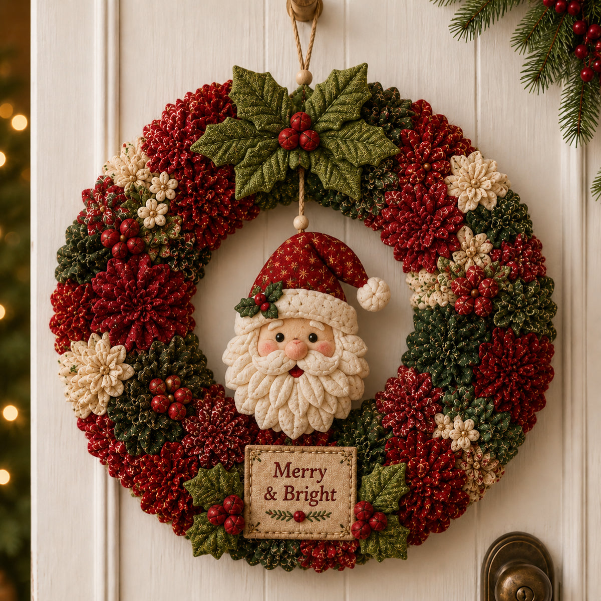 Finished Merry and Bright Santa 3D fabric Christmas wreath