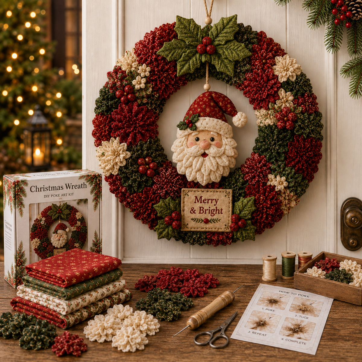 Christmas wreath DIY kit with fabric materials and finished wreath