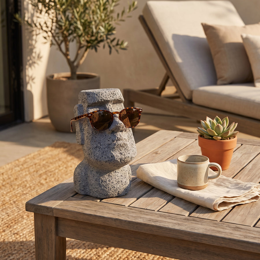 Stone figure glasses stand outdoor scene