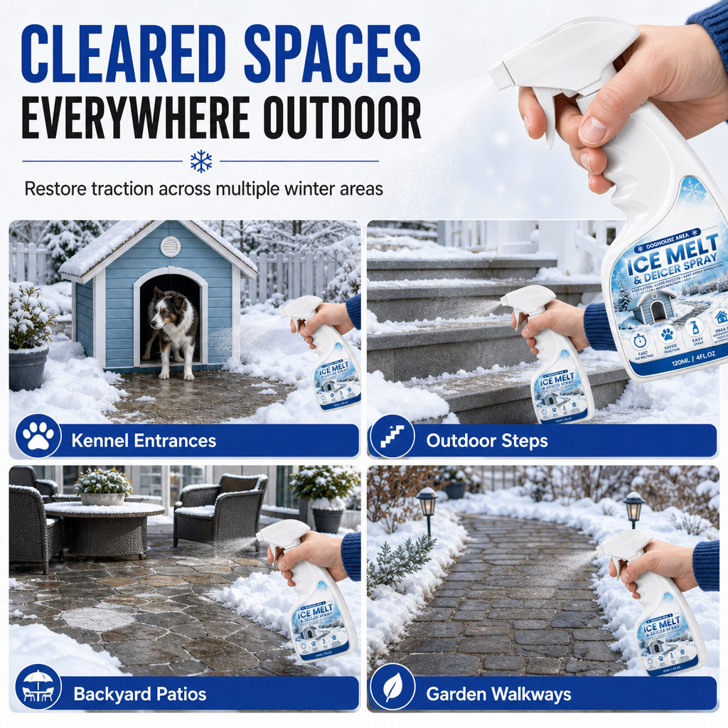 Outdoor De-Icing & Snow Melting Spray – pet-safe, dissolves frost on contact. Clear steps, walkways & patios fast! 🛡️✅
