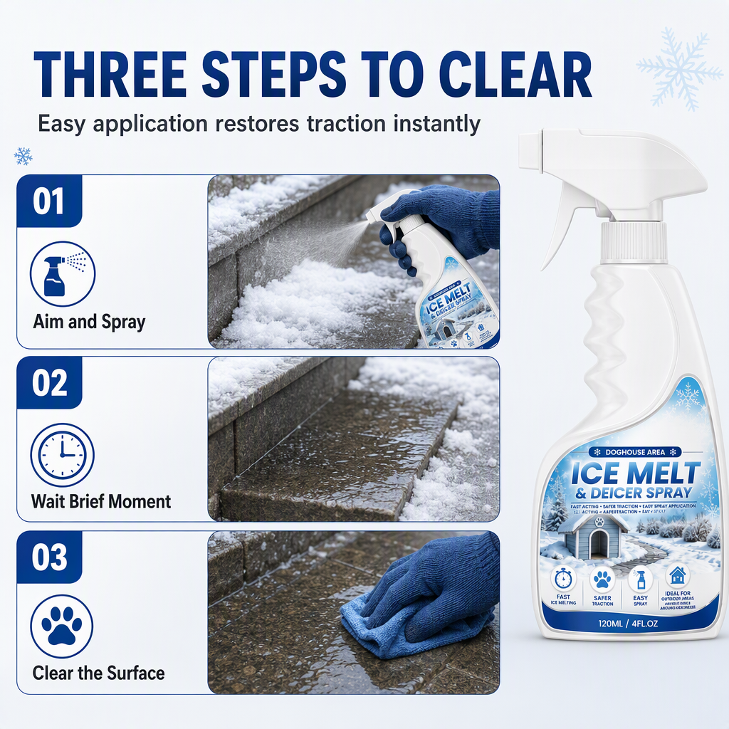 Outdoor De-Icing & Snow Melting Spray – pet-safe, dissolves frost on contact. Clear steps, walkways & patios fast! 🛡️✅